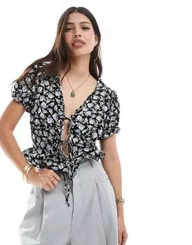 Топ с цветочным принтом и рукавами-фонариками, черный Brave Soul