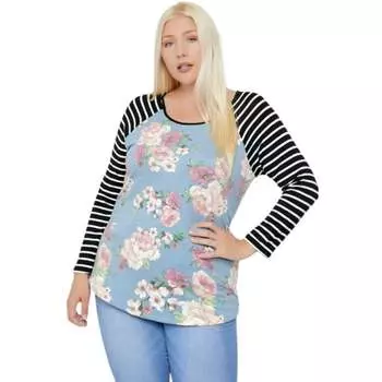 Топ с цветочным принтом, полосатыми рукавами реглан и круглым вырезом горловины FASHNZFAB, синий/мультиколор