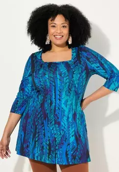 Топ с длинными рукавами ABSTRACT LEAF PRINT SWEETHEART NECKLINE Ulla Popken, бирюзовый