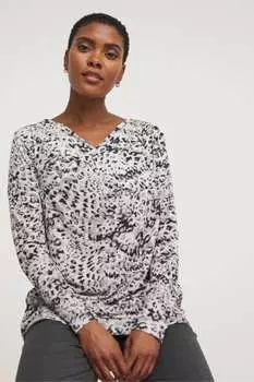Топ с длинными рукавами анималистическим принтом и драпированным вырезом Jd Williams, серый