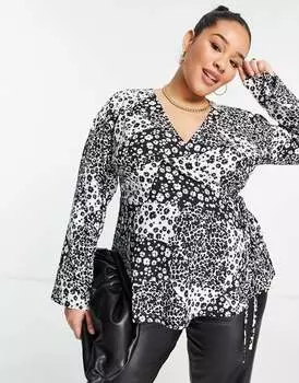 Топ с длинными рукавами и баской New Look Curve с цветочным узором черного цвета New Look