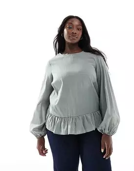 Топ с длинными рукавами и баской зеленого цвета ASOS