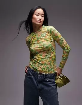 Топ с длинными рукавами и цветочным принтом зеленого цвета Topshop