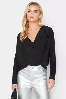 Топ с длинными рукавами и драпированным вырезом Pixiegirl Petite, черный