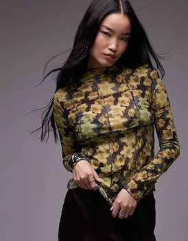 Топ с длинными рукавами и гофре в желтом цвете Topshop