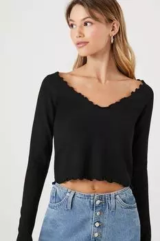Топ с длинными рукавами и краями салата Forever 21, черный