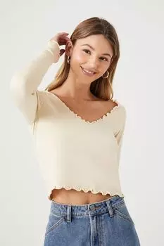 Топ с длинными рукавами и краями салата Forever 21, кремовый