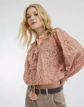 Топ с длинными рукавами и кружевными оборками розового цвета - светлый River Island