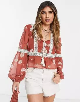 Топ с длинными рукавами и кружевными вставками с цветочным принтом ASOS DESIGN