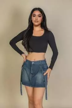 Топ с длинными рукавами и квадратным вырезом в рубчик FASHNZFAB, черный