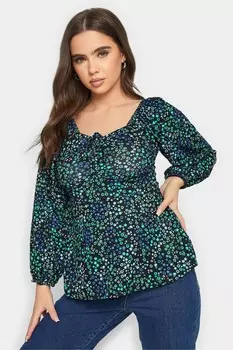 Топ с длинными рукавами и мелким рюшем Pixiegirl Petite, синий