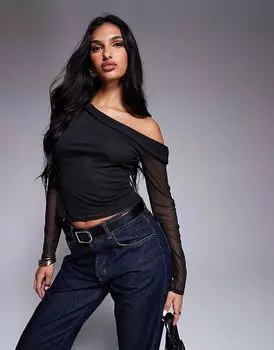 Топ с длинными рукавами и открытыми плечами из черной сетки ASOS DESIGN