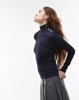 Топ с длинными рукавами и пуговицами на шее в темно-синем цвете Mango