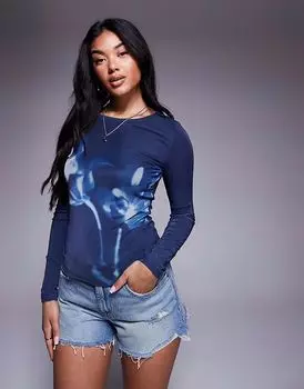 Топ с длинными рукавами и размытым цветочным принтом Princess Polly Raldor темно-синего цвета