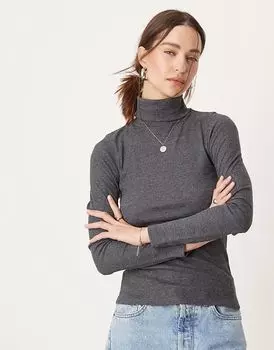 Топ с длинными рукавами и ребристым воротником серого цвета New Look