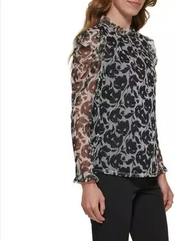 Топ с длинными рукавами и рюшами на шее DKNY, цвет Eggnog/Black