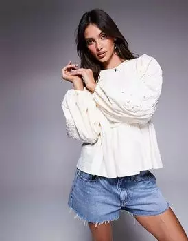 Топ с длинными рукавами и сборками кремового цвета River Island