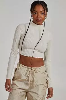 Топ с длинными рукавами и широким кромкой в рубчик салатового цвета Pink Vanilla, белый