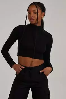 Топ с длинными рукавами и широким кромкой в рубчик салатового цвета Pink Vanilla, черный