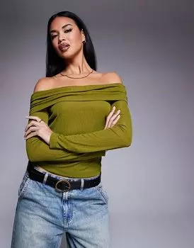 Топ с длинными рукавами и сухой ручкой в рубчик в оливковом цвете ASOS DESIGN