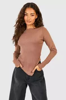 Топ с длинными рукавами и заостренным подолом с разрезным вырезом boohoo, бежевый