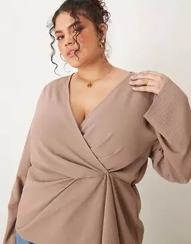 Топ с длинными рукавами и запахом коричневого цвета ASOS