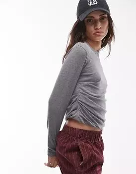 Топ с длинными рукавами и завязками по бокам из темно-серого меланжевого цвета Topshop