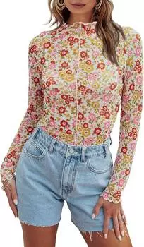 Топ с длинными рукавами из цветочной сетки цвета слоновой кости/розового цвета LE LIS