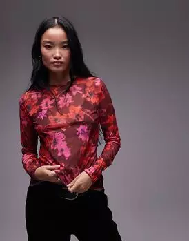 Топ с длинными рукавами из сетчатой ткани с цветочным принтом бордового цвета Topshop