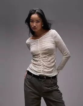 Топ с длинными рукавами из жатого кружева цвета экрю Topshop