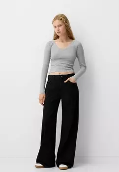 Топ с длинными рукавами LONG SLEEVE V-NECK Bershka, серый