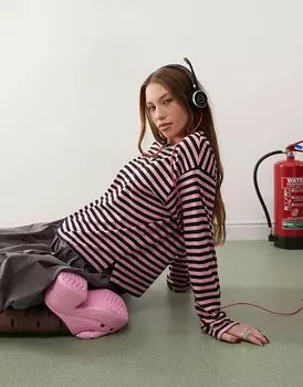 Топ с длинными рукавами в розовую и черную полоску Monki