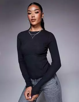 Топ с длинными рукавами в рубчик и отделкой под грудью, черного цвета ASOS DESIGN