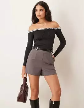 Топ с длинными рукавами в рубчик, отделкой кружевом и бантом в стиле бардо черного цвета Pimkie