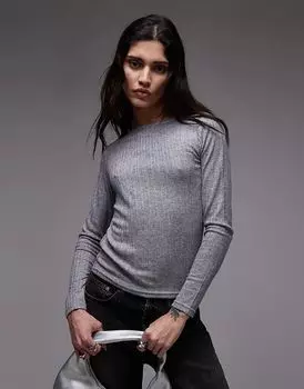 Топ с длинными рукавами в рубчик серого цвета Mango