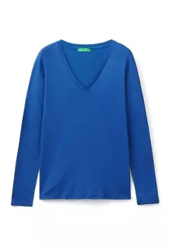 Топ с длинными рукавами WITH V-NECK United Colors of Benetton, синий