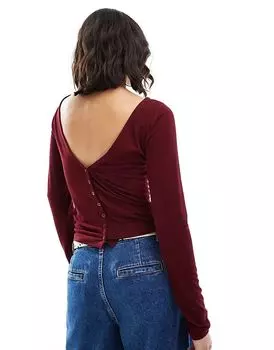 Топ с длинными рукавами, вырезом-лодочкой и пуговицами в бордовом цвете ASOS DESIGN