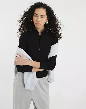 Топ с длинными рукавами, застежкой-молнией спереди, черного цвета River Island