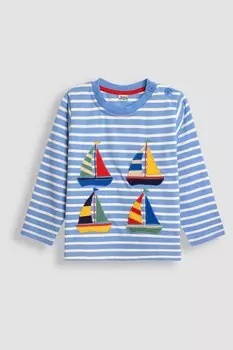 Топ с длинными рукавами, застежкой на пуговицы на плече и полосатой аппликацией Jojo Maman Bb, синий