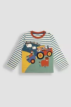 Топ с длинными рукавами, застежкой на пуговицы на плече и полосатой аппликацией Jojo Maman Bb, экрю