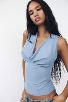 Топ с драпированным вырезом ZARA, светло-голубой