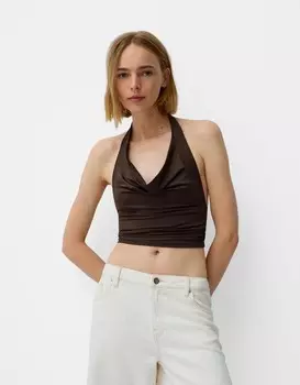 Топ с драпировкой и бретельками через шею Bershka, коричневый