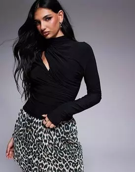 Топ с драпировкой и разрезом по горловине, длинный рукав, черный ASOS DESIGN