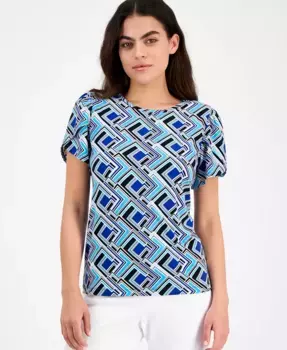 Топ с геометрическим принтом и рукавами-тюльпанами Petite AK Anne Klein, синий