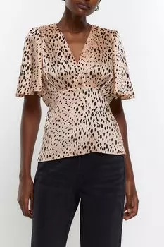 Топ с глубоким вырезом рукавами-ангелами и баской River Island, коричневый