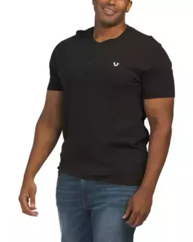 Топ с горловиной на пуговицах и планкой с логотипом и короткими рукавами True Religion, черный