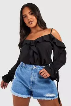 Топ с холодными плечами передней части с рюшами Boohoo, черный