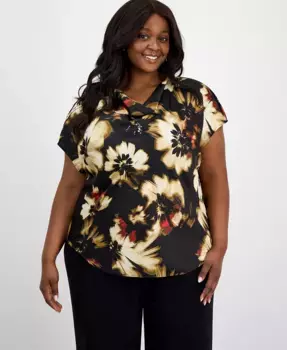 Топ с каплевидными рукавами и цветочным принтом Plus Size Anne Klein, черный