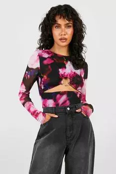 Топ с кольцом с длинным рукавом и цветочным принтом Boohoo, черный