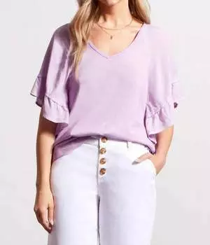 Топ с короткими рукавами и двойными оборками реглан потоп V-образного выреза в сиреневом цвете TRIBAL